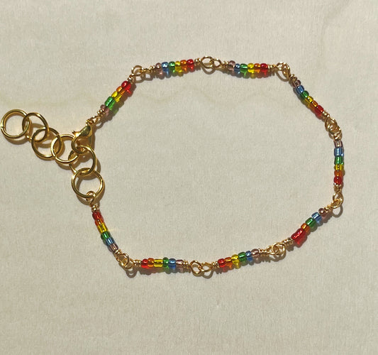 Rainbow and gold seed beaded bracelet/anklet