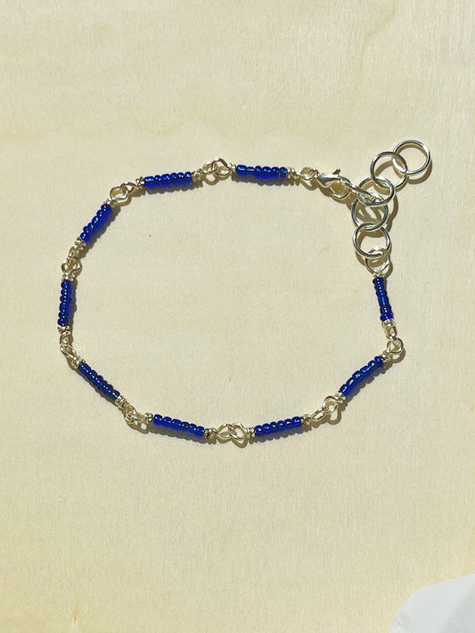 Dark blue and silver seed beaded bracelet/anklet