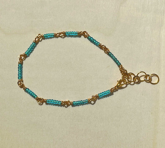 Light blue and gold seed beaded bracelet/anklet