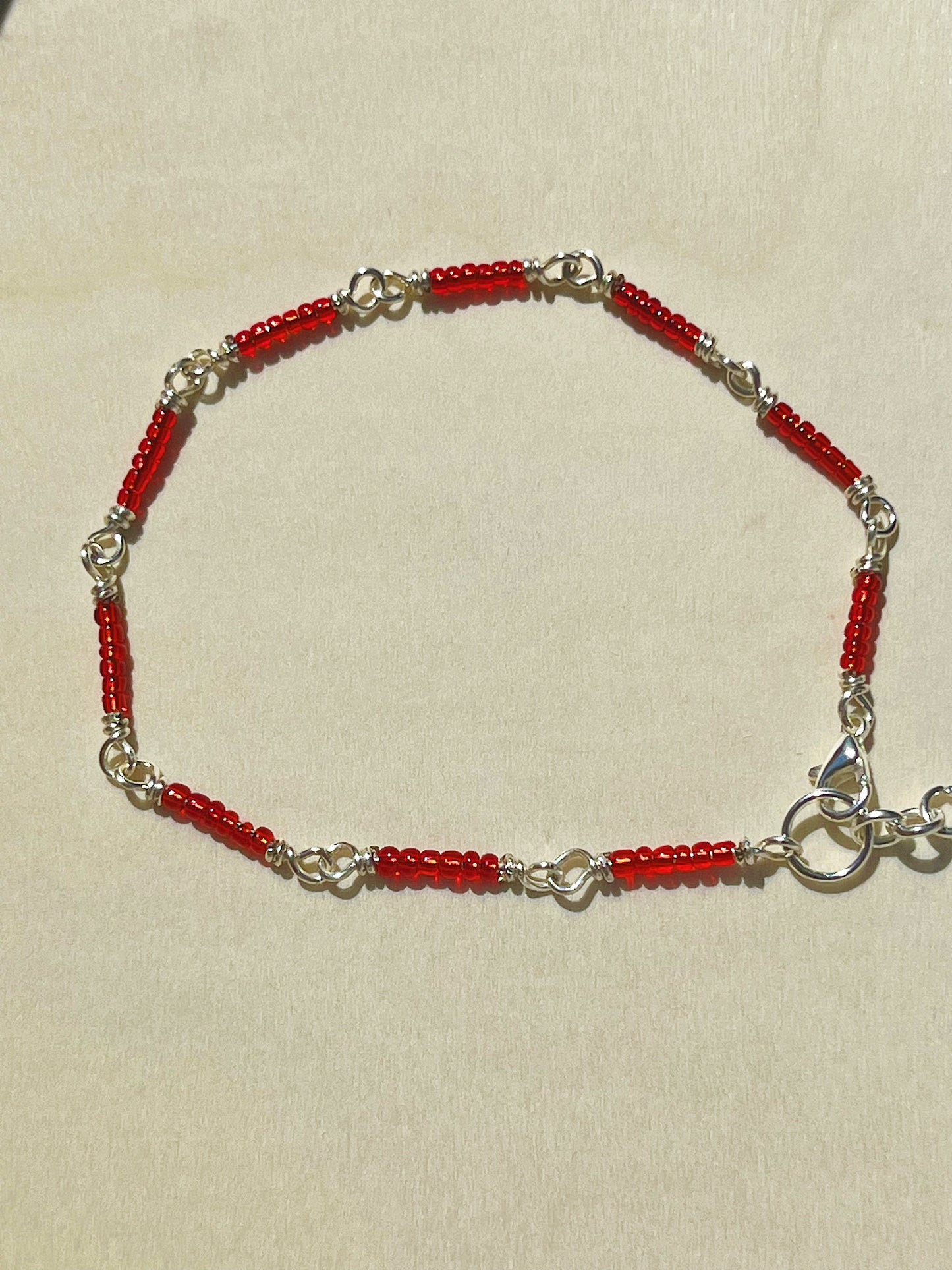 Red and silver seed beaded bracelet/anklet