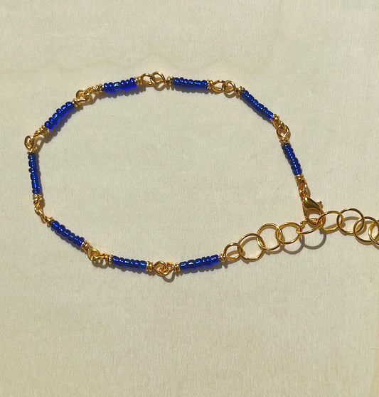 Dark blue and gold seed beaded bracelet/anklet