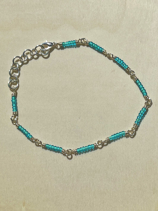 Light blue and silver seed beaded bracelet/anklet