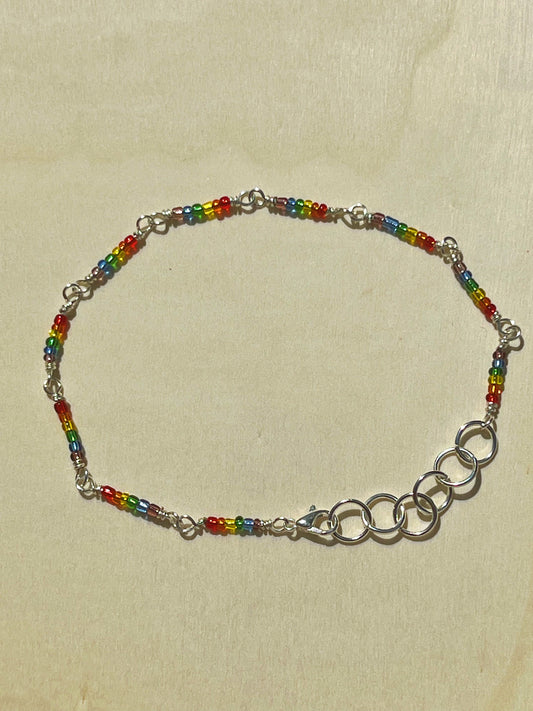 Rainbow and silver seed beaded bracelet/anklet