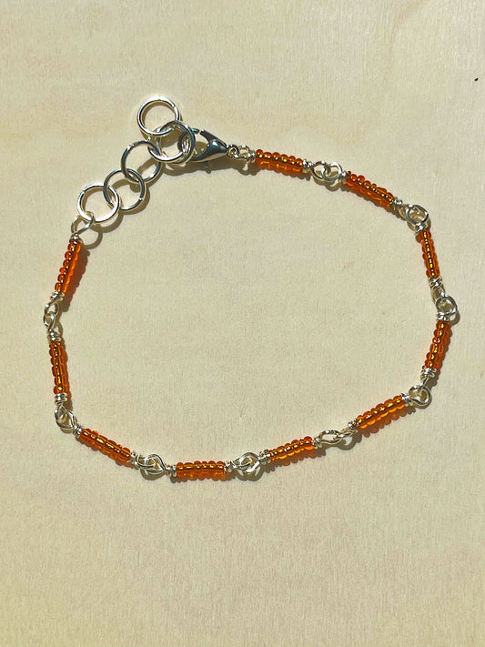 Orange and silver seed beaded bracelet/anklet