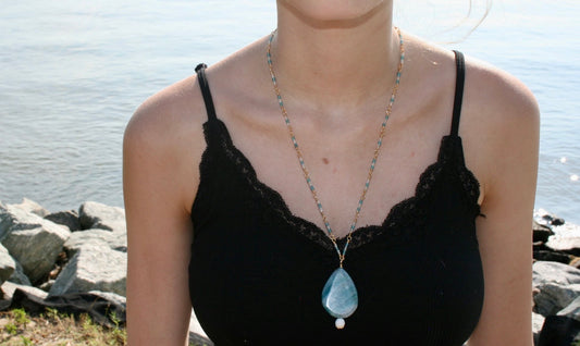 Leia/ Blue and white marble pendant necklace